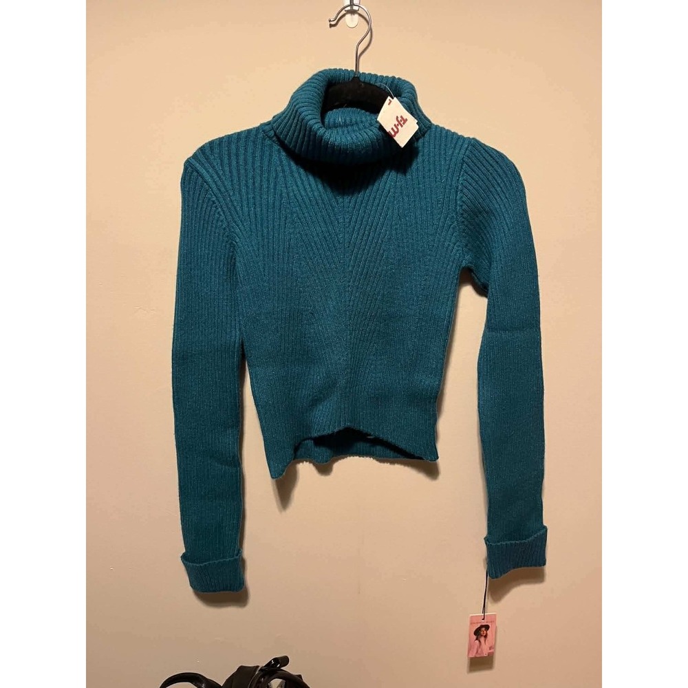 Sincerely Jules Womens Ribbed Turtleneck Cropped Sweater Teal Blue XS NWT